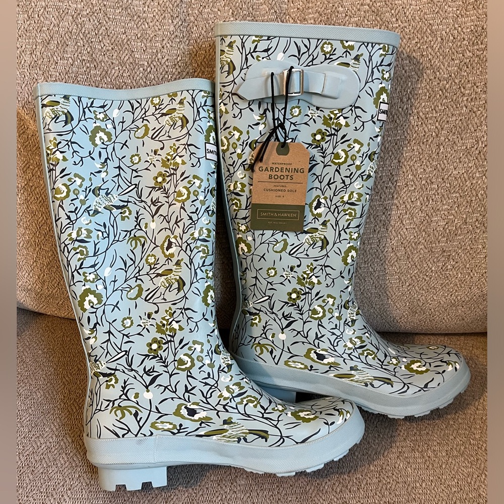 Smith & Hawken Rain / Garden Boots Women's Sz 8, NWT, Floral Print, Blue / Green